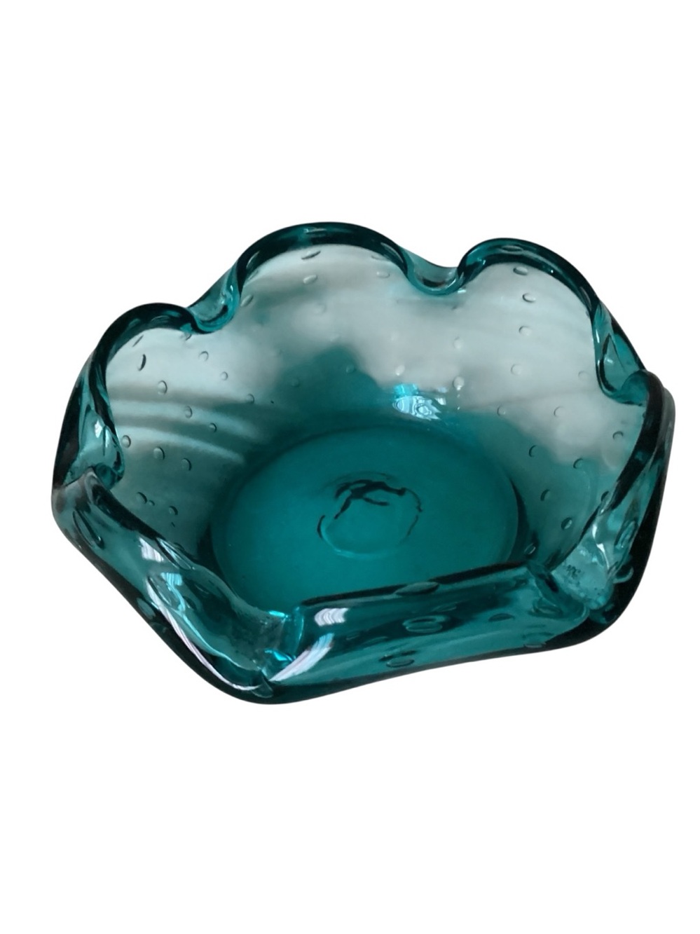 Vintage MCM Teal Murano Style Art Glass Ruffle edge Bullicante Bowl
